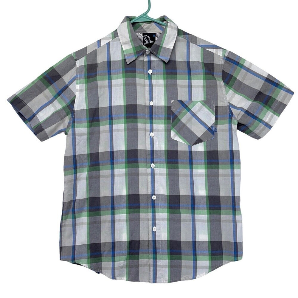 VTG Gotcha 90s Mens Small Short Sleeve Plaid Button Front Camp Shirt